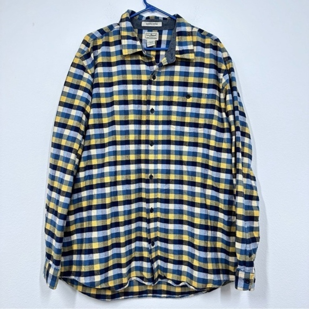 L.L. Bean Yellow Blue Plaid Flannel Button Down Shirt Men XXL Casual Semi Fitted